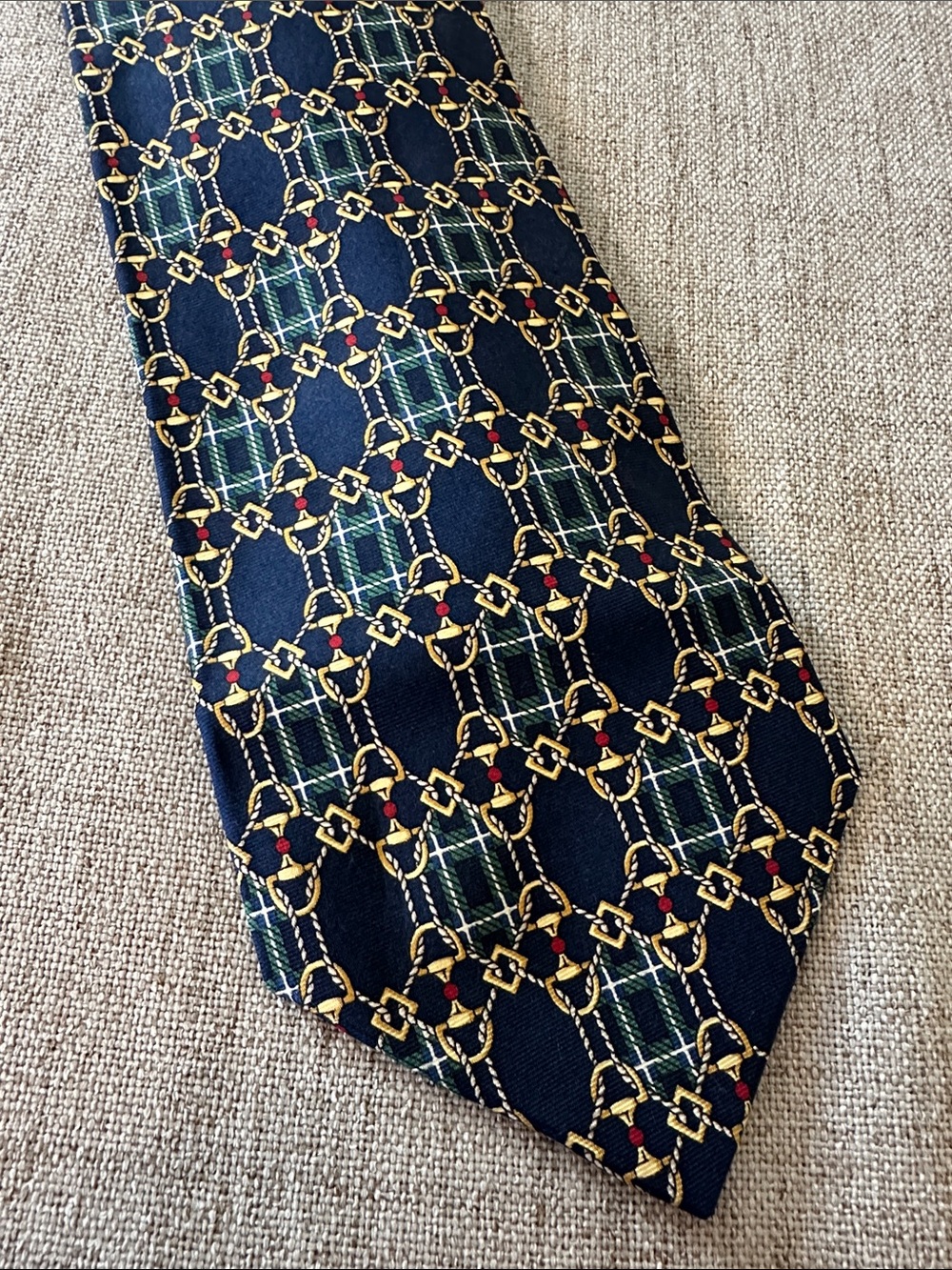 Paolo Gucci Vintage 100% Silk Navy Tie with Gold Chain and Red Accent